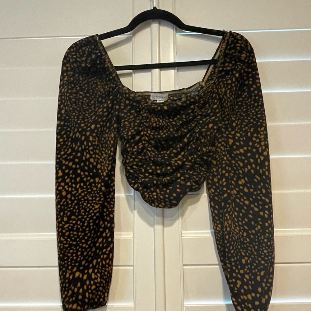 Top Shop Ruched Mesh Puff Balloon Sleeved Polka Dot Crop Top Black Tan Size 8